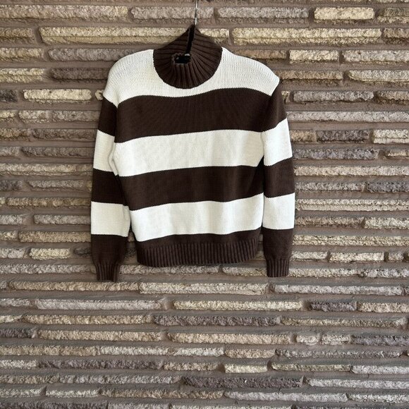 J. Crew Brown Rugby Stripe  Mockneck Sweater  Chunky Knit Size Small - Picture 2 of 5